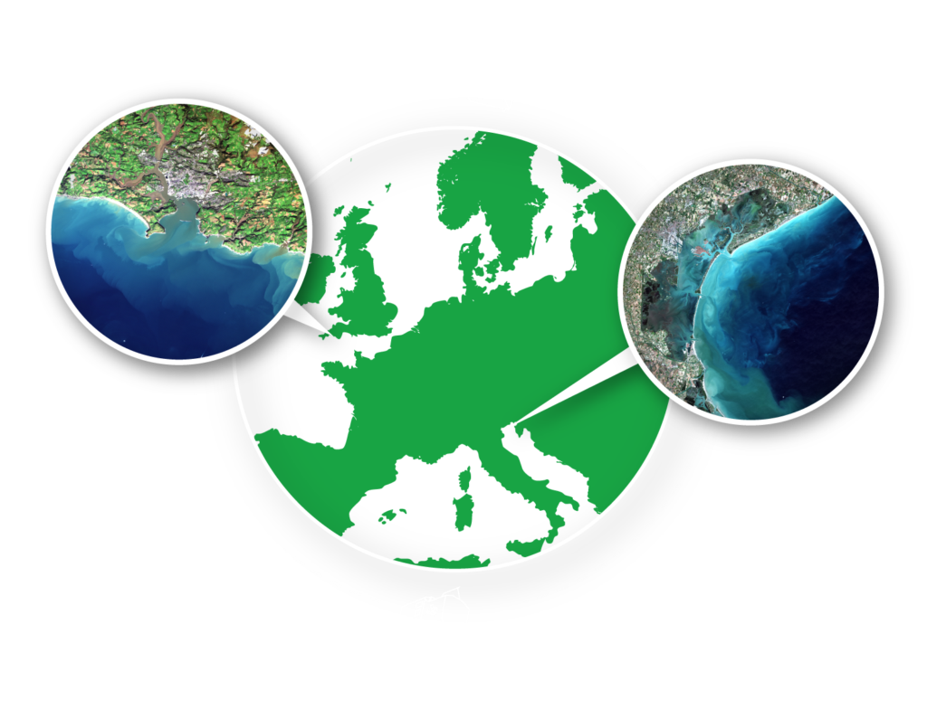 Graphic of europe in a circle with a line drawing of the two satellites following around it with a dashed line. There are two pop outs showing satellite views of Venice lagoon, Italy and Plymouth, UK