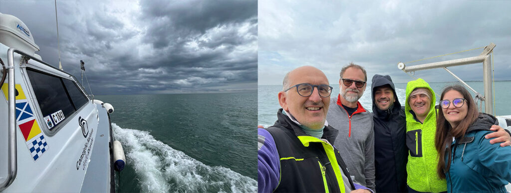 Two images showing the research vessel at sea and a group selfie from those on board